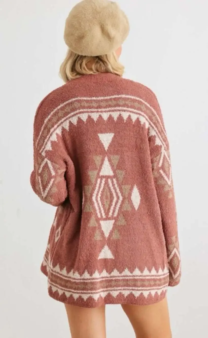 New In Mauve Pink Aztec Geometric Open Front Fuzzy Cardigan